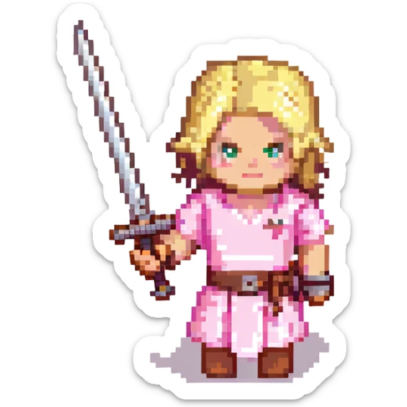 Minecraft character, pixel art style, blocky figure with blonde hair and pink shirt, holding a sword sticker