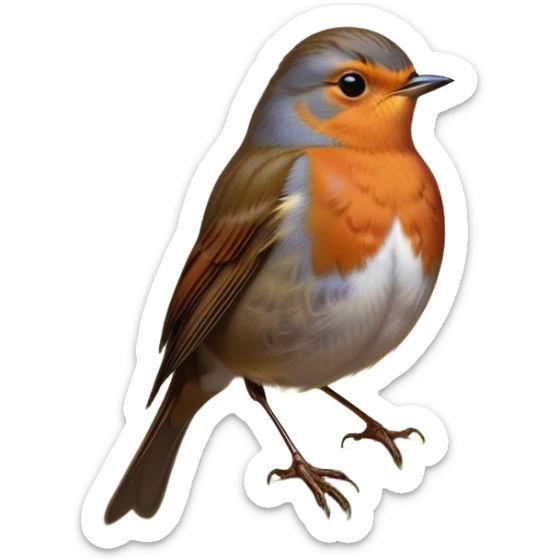 Cinematic Noble Robin Portrait Emoji, Poised and dignified, with a delicate, rounded build, a soft rust-red breast, gentle inquisitive eyes, and a small, refined beak, Simplified yet sharp and sophisticated features, highly detailed, glowing with a soft, warm glow, high shine, intelligent and graceful, stylized with an air of woodland charm, focused and attentive, soft glowing outline, capturing the essence of a watchful and confident robin that appears ready to flutter out of the screen with effortless authority! sticker
