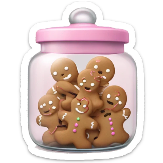 Realistic glass cookie jar with light pink lid full of gingerbread cookies isolated.  sticker