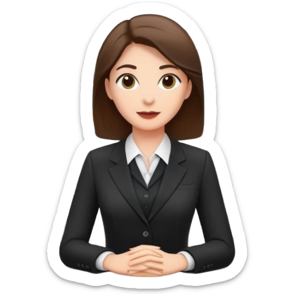 Professional female bank clerk in formal business attire behind a counter sticker