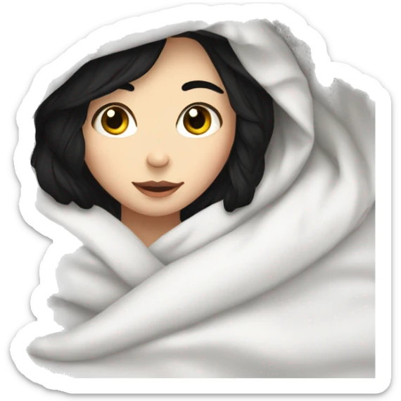 Pale Girl with black hair  laying down cozy in a white blanket sticker