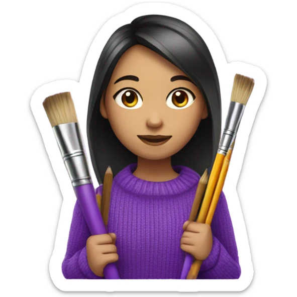 Half Asian girl in bright purple sweater holding paintbrushes and pencils sticker