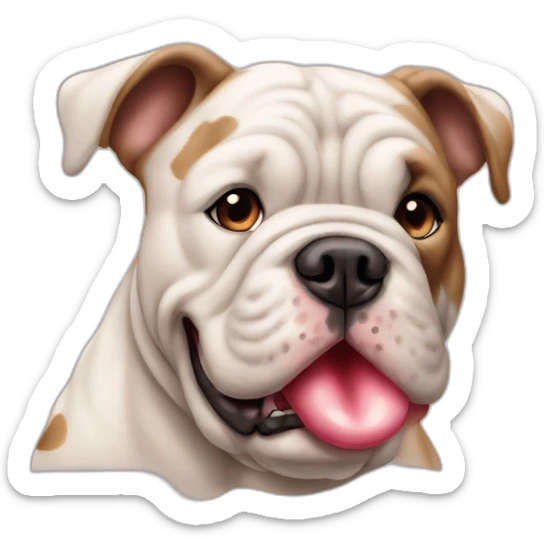 merle beige and white british bulldog with a heart shaped spot on an ear sticker