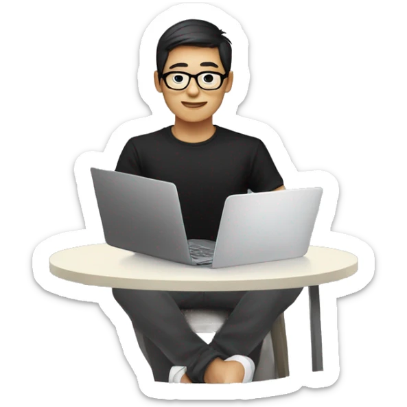 a asian human, wear glasses, black t shirt, is working on a laptop with a cup of coffee sticker