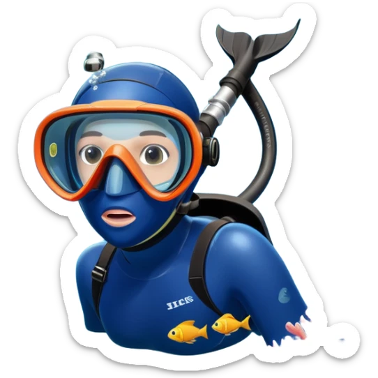 An icon featuring a close-up of a freediving mask and snorkel, with a breath-holding diver's fins, set against a vibrant underwater world. The design includes coral reefs, fish, and bubbles, symbolizing the serene beauty and thrill of freediving. Transparent background highlights the calm sticker
