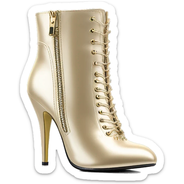 Realistic isolated top front view of a pair of light champagne gold high heel spike zippered ankle bootie boots.  sticker