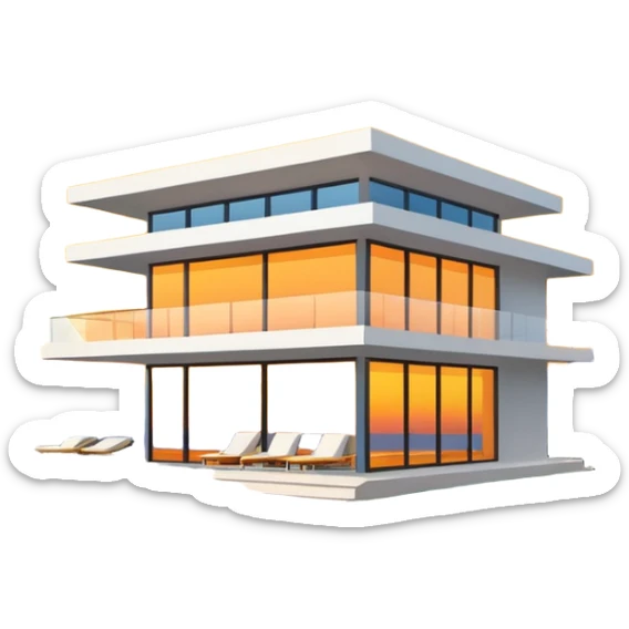contemporary modern villa, flat roof, big windows with yellow-orange sunset reflection sticker