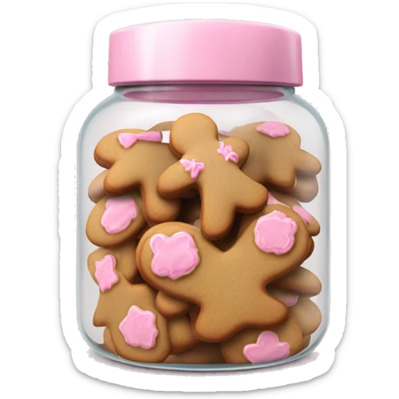 Realistic glass cookie jar with light pink lid full of gingerbread cookies isolated.  sticker