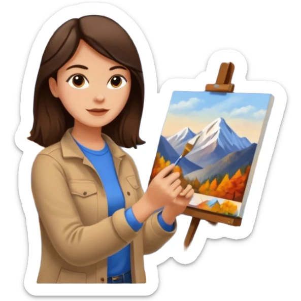 Brunette Artist painting a beautiful autumn mountain peak destination on canvas sticker
