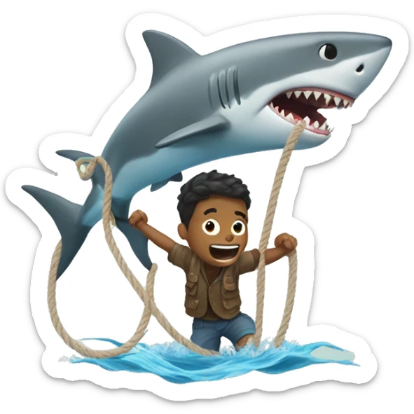 man holding a sharkwith a rope around its mouth and jumping out of water with it sticker