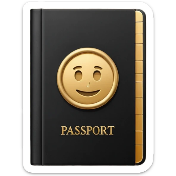 Minimal emoji icon of a black passport, matte cover, simple gold emblem, clean lighting sticker