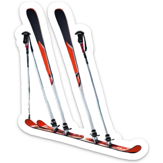 An icon featuring a pair of skis and ski poles in the foreground, set against a picturesque snow-covered slope. The background includes snowy peaks and evergreen trees, symbolizing the excitement and beauty of winter sports. Transparent background highlights the thrill of skiing and snowboarding. sticker