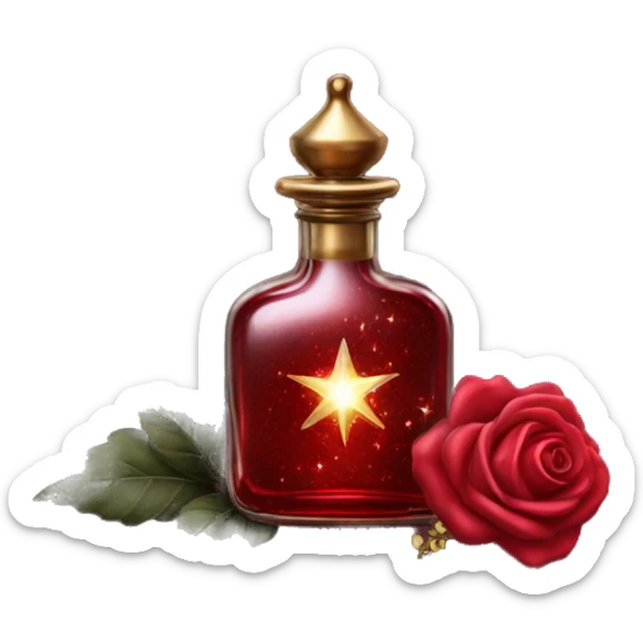 Dark red magic fairy sparkling old Antique oil perfume bottle with herbal and rose flowers sticker