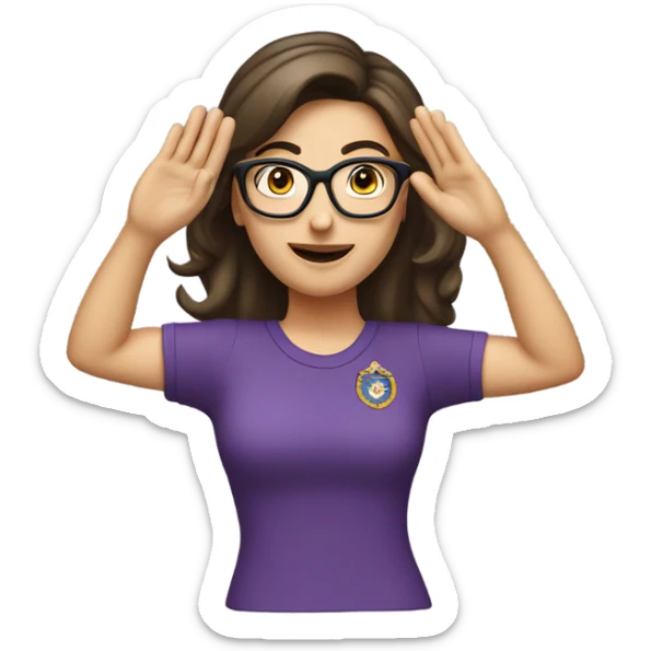 a caucasian brunette female, wearing a purple t-shirt and glasses, making the military salute gesture with her hand next to her head sticker