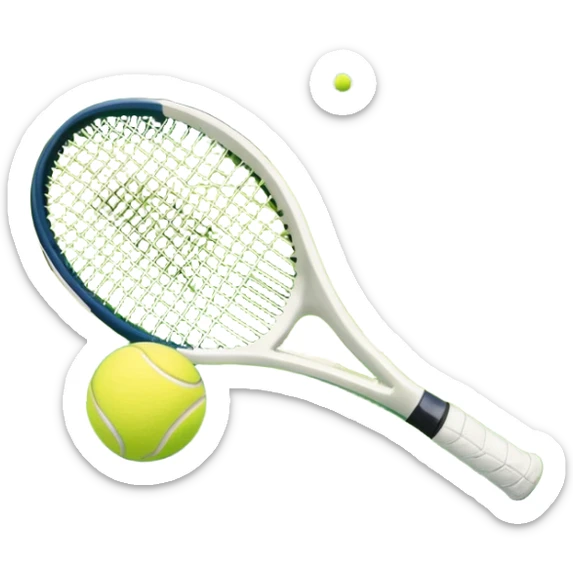 A tennis racket resting on the green grass of a tennis court, with a tennis ball placed nearby and the net stretching across the court. The background captures the fresh, open atmosphere of a traditional grass court, emphasizing the elegance and precision of the sport. sticker