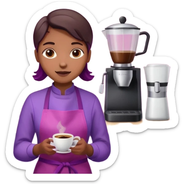 Create 3D minimalist emoji in the style of Coffee Lover — a coffee shop and roastery brand.
Style: cozy, warm.
Colors — purple-pink range.
barista with coffee
on the form it says "Coffee Lover" sticker