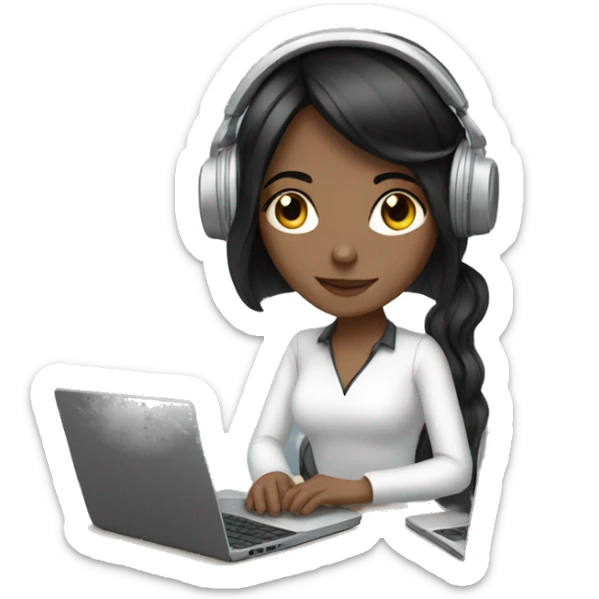 white girl with black hair working on laptop with headphones sticker