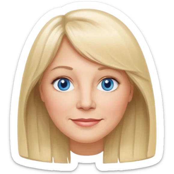50 yr old white woman, curtain bangs, long straight blond hair, oval face, small smile, blue eyes sticker