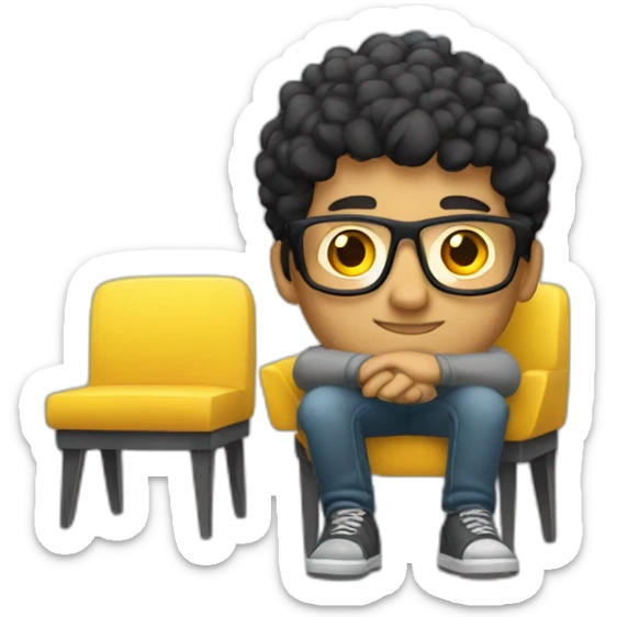 White man with yellow tinted glasses and black hair in a gray jumper and sitting on a chair sticker