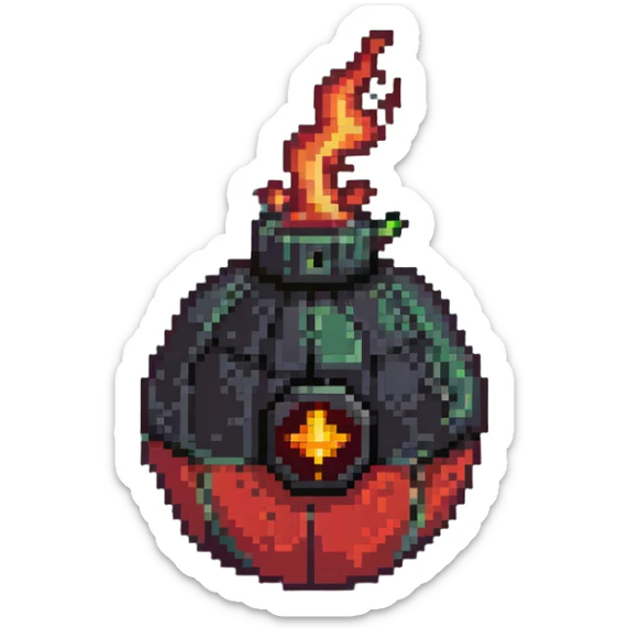 Red digital bomb with flame-shaped fuse at the top, round black bomb body with red accents, pixel art style sticker