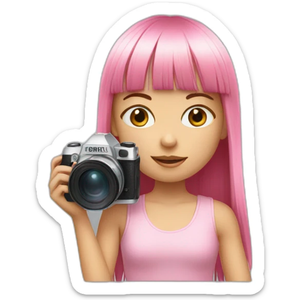 cute girl with long, straight rose hair with fringe and holding camera and wearing pink tank top sticker