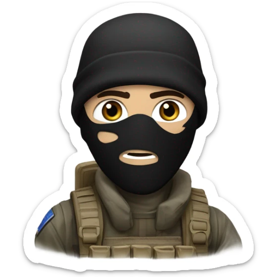 White male, call of duty black mask, camo tactical gear, tan combat boots, black beanie, blue eyes sticker