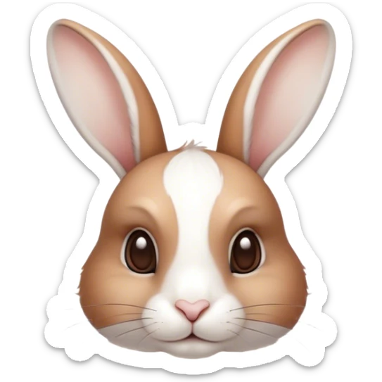 Cinematic Noble White and Brown Rabbit Portrait Emoji, Poised and regal, with a balanced, compact build and a beautifully patterned fur of pristine white accented by rich brown patches, long, alert ears and deep-set soulful eyes, Simplified yet sharp and sophisticated features, highly detailed, glowing with a soft, dignified glow, high shine, intelligent and gentle, stylized with an air of refined charm, focused and attentive, soft glowing outline, capturing the essence of a watchful and confident companion, so majestic it feels as though it could hop out of the screen with effortless authority! sticker
