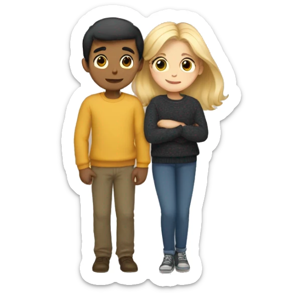 A boy and a girl in wide pants and sweaters hug, the boy has blond hair, and the girl has dark hair sticker