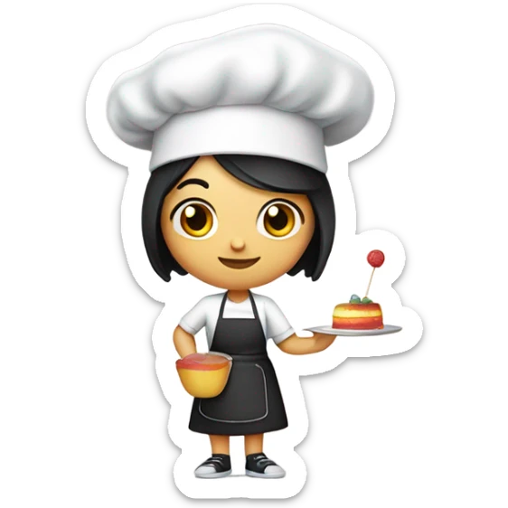 Girl chef with black hair holding a flan in one and and a lollipop in the other with a chef hat sticker