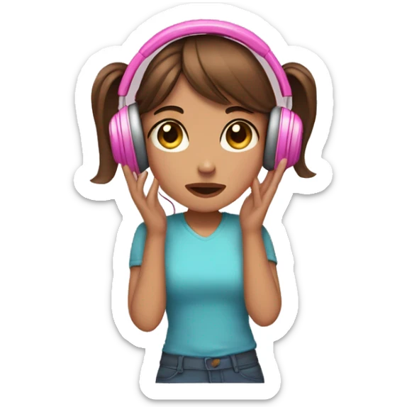 Girl brown hair with pink highlights in pink headphones with ears, facepalming sticker