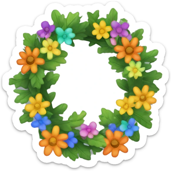 wreath of colourful flowers and green oak leaves in style of iOS emoji sticker