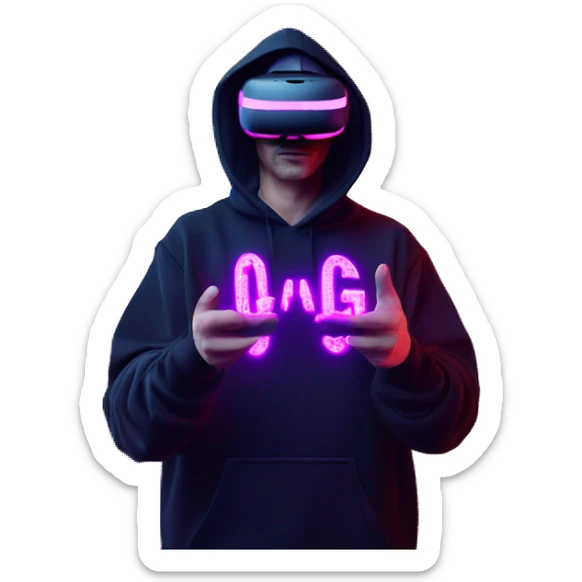 Russian man wearing a black hoodie with "OMG" letters on it and VR headset oculus quest 2 in a cyberpunk VR environment with violet neon lighting. Showing direction with hand sticker