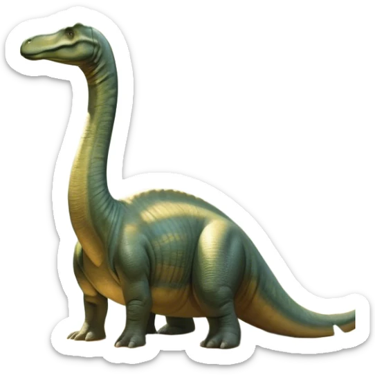 Beautiful and Majestic Brachiosaurus Portrait Emoji, Head and body resting in serene repose with a gentle, confident expression, showcasing its monumental, elongated neck and a small, refined head with tranquil eyes, Simplified yet exquisitely endearing features, highly detailed, glowing with a soft, drowsy golden light, high shine, relaxed and utterly majestic, stylized with an air of timeless prehistoric splendor, soft glowing outline, capturing the essence of a beautiful and majestic Brachiosaurus that feels destined to become the next viral icon of awe-inspiring ancient beauty! sticker