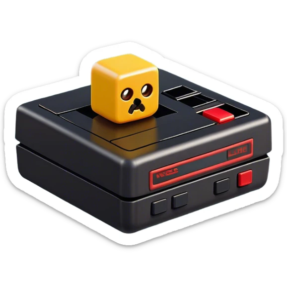 Clash of Clans aesthetic: Cinematic Playful NES Console Portrait Emoji, rendered in a 3D vector-style similar to standard emojis with minimal shading and bold, simplified shapes. A compact, distinct form with signature details, softly glowing with a nostalgic gaming charm. Simplified yet unmistakably iconic, highly detailed and consistent, glowing with a soft radiance and high shine. Stylized with a touch of retro gaming magic and a soft glowing outline, capturing the essence of a beloved gaming relic with a friendly, playful manner! sticker