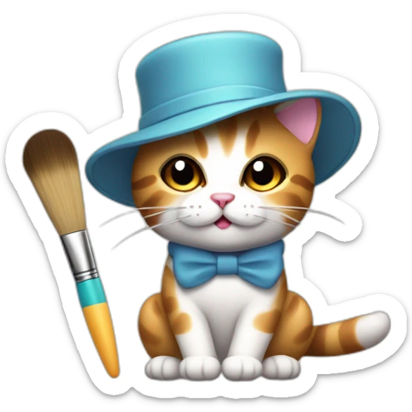 Kawaii cat artist in hat with palette and brush so it can be used as a mouse cursor sticker
