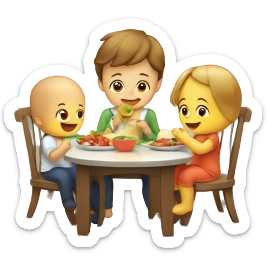 A baby in the kids chair and his parents are eating helsi food  by the table  sticker