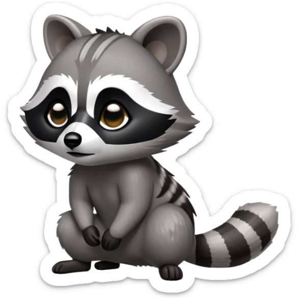 Cinematic-cute Raccoon-Realistic-hunched Full-Body on all fours-Emoji – Tail flicking lazily, head tilted dramatically, thick grey fur with a signature black mask, sharp and alert ears, simplified yet realistic focused features, highly detailed, glowing with an almost sarcastic glow. big black eyes sticker