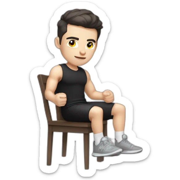 Pale skinned Fit Man With the biceps and dark brown hair in black shirt, gray sports shorts and white Sneakers Sitting on a chair sticker