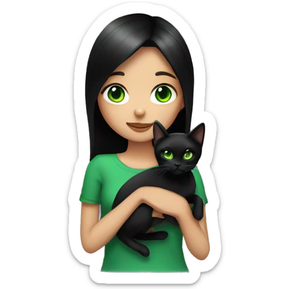 girl with black straight hair and green eyes holding a black cat with green eyes sticker