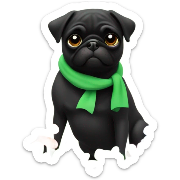 Black pug , surrounded by flowers, holding a green sign that says “good luck”  sticker