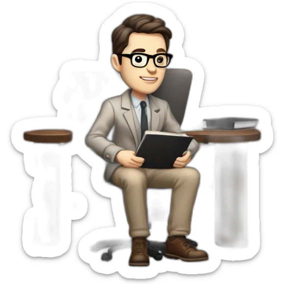 Pale skinned Fit Man With dark brown hair in gray jacket, beige office shirt, Brown pants and vintage glasses sitting In a soft chair with a notebook with emblem Ψ and a pen in his hands sticker