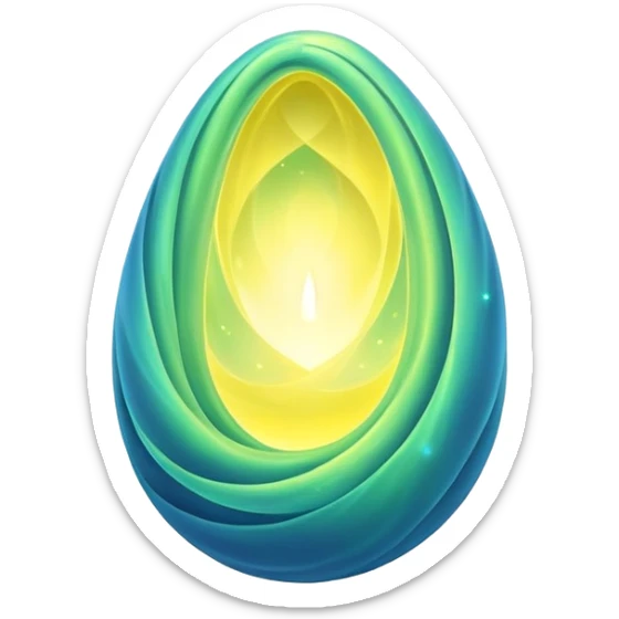 green-blue magical organic cocoon lit up with swirling yellow magic, ethereal and mystical, symbol shape, gentle green-blue hues sticker