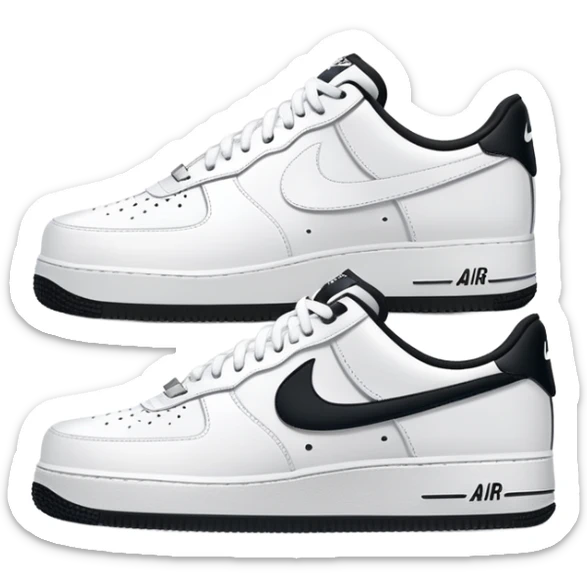 A pair of white Nike Air Force 1 sneakers side by side with Nike swoosh sticker