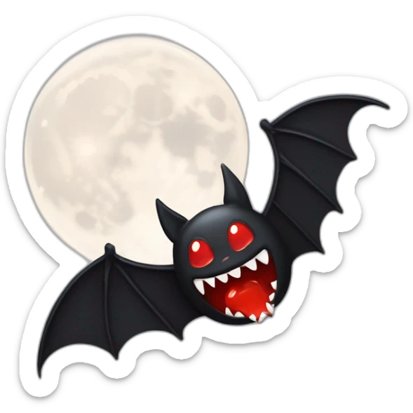cartoonish black bat with sharp fang teeth dripping red slime in front of full moon sticker