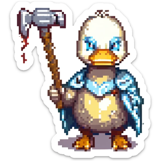 pixel art duck holding Thor's hammer Mjolnir with a lightning rod coming out of it, no armor, simple and heroic sticker