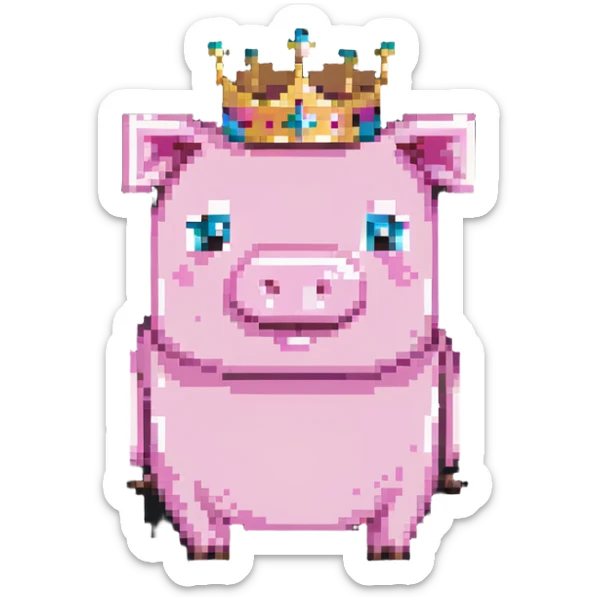 minecraft pig full body pink blocky animal with square head wearing a crown sticker