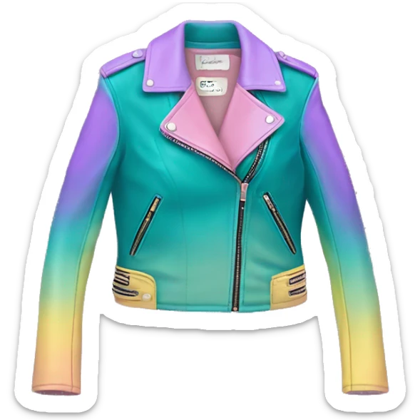 Realistic isolated side view of an open teal,pastel pink,pastel purple,and yellow ombre feminine fashion leather jacket.  sticker