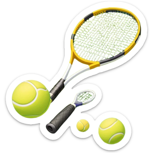 A tennis racket and ball placed on the grass court, with the lines of the court clearly visible in the background. The scene captures the essence of the sport, highlighting the equipment and the vibrant, open atmosphere of a tennis match sticker
