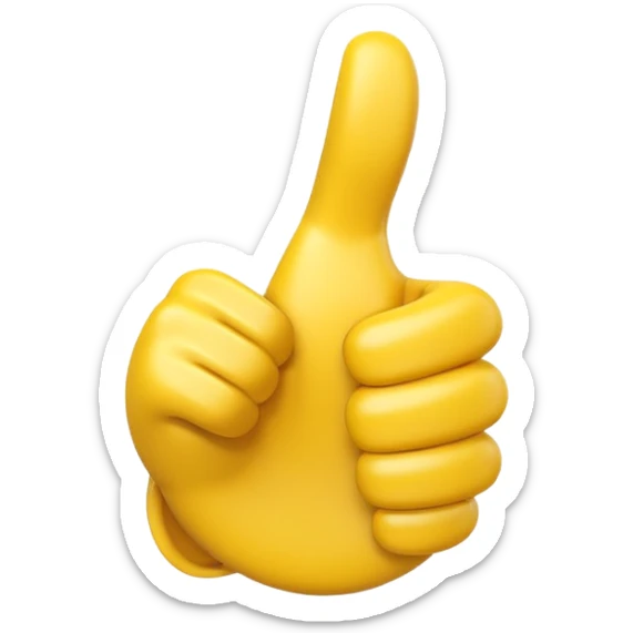 Apple-style 3D illustration of a single yellow emoji hand giving a thumbs up gesture, glossy and rounded, centered on a clean white background, soft shadow underneath, isolated and minimal design sticker