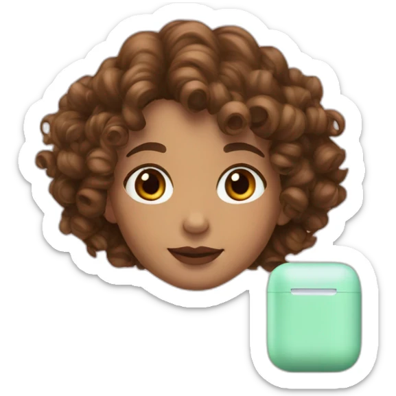 curly girl with brown bob hair brown eyes with freckles in AirPods Pro green sticker